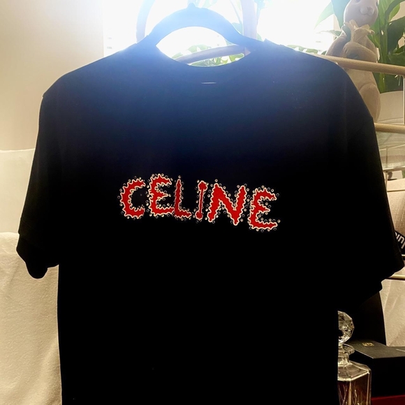 Celine Black Tee with Vibrant Red Accents - Picture 1 of 5